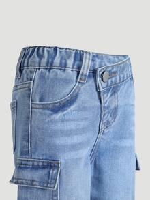 SHEIN Playful Pals Baby Girl Waist Multiple Pockets Design Loose Fit Straight Leg Washed Denim Zippered Classic Durable Summer Jeans Light Blue Birthday Baggy - Medium Wash - View 5