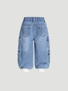 SHEIN Playful Pals Baby Girl Waist Multiple Pockets Design Loose Fit Straight Leg Washed Denim Zippered Classic Durable Summer Jeans Light Blue Birthday Baggy - Medium Wash - View 3