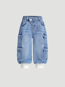 SHEIN Playful Pals Baby Girl Waist Multiple Pockets Design Loose Fit Straight Leg Washed Denim Zippered Classic Durable Summer Jeans Light Blue Birthday Baggy - Medium Wash - View 2