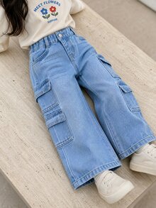 SHEIN Playful Pals Baby Girl Waist Multiple Pockets Design Loose Fit Straight Leg Washed Denim Zippered Classic Durable Summer Jeans Light Blue Birthday Baggy - Medium Wash - View 4
