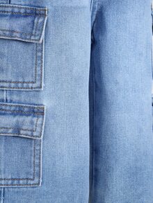 SHEIN Playful Pals Baby Girl Waist Multiple Pockets Design Loose Fit Straight Leg Washed Denim Zippered Classic Durable Summer Jeans Light Blue Birthday Baggy - Medium Wash - View 6