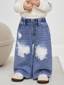 SHEIN Playful Pals 女嬰磨損水洗直筒牛仔褲 度假海灘健身房家庭套裝 淺藍色 夏季休閒圖案 西部風可愛 秋季 - 中等水洗藍 - 查看 4