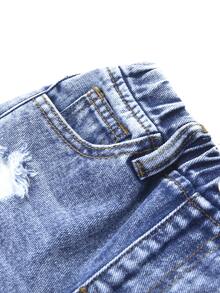 SHEIN Playful Pals 女嬰磨損水洗直筒牛仔褲 度假海灘健身房家庭套裝 淺藍色 夏季休閒圖案 西部風可愛 秋季 - 中等水洗藍 - 查看 6