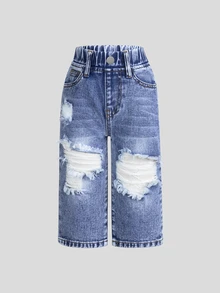 SHEIN Playful Pals 女嬰磨損水洗直筒牛仔褲 度假海灘健身房家庭套裝 淺藍色 夏季休閒圖案 西部風可愛 秋季 - 中等水洗藍 - 查看 2