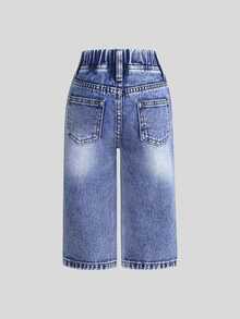 SHEIN Playful Pals 女嬰磨損水洗直筒牛仔褲 度假海灘健身房家庭套裝 淺藍色 夏季休閒圖案 西部風可愛 秋季 - 中等水洗藍 - 查看 3