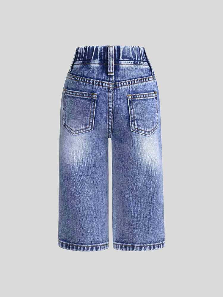 SHEIN Playful Pals Baby Girl Distressed Washed Straight Leg Jeans Vacation Beach Gym Family Matching Holiday Light Blue Summer Casual Graphic Western Kawaii Autumn Fall - Medium Wash - View 2