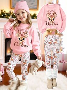 Christmas Young Girls Reindeer Print Crew Neck Sweatshirt & Floral Leggings 2 Pcs, Fall Winter Holiday Outfit - Multicolor - View 3