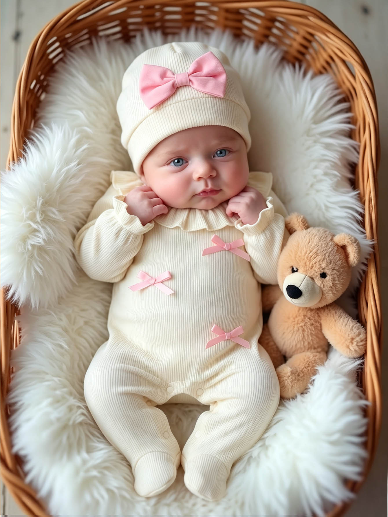 Set 4 Potong untuk Bayi Perempuan Baru Lahir, Romper Rajut Bergaris dengan Kerah Berumbai dan Penutup Kaki, Jumpsuit Lengan Panjang dengan Hiasan Pita, Pakaian Kasual Lembut, Pakaian Musim Dingin dengan Topi