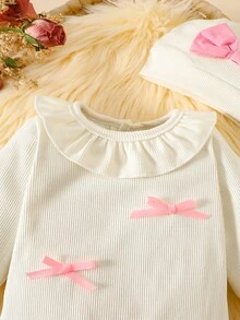 Set 4 Potong untuk Bayi Perempuan Baru Lahir, Romper Rajut Bergaris dengan Kerah Berumbai dan Penutup Kaki, Jumpsuit Lengan Panjang dengan Hiasan Pita, Pakaian Kasual Lembut, Pakaian Musim Dingin dengan Topi - Krem - View 6