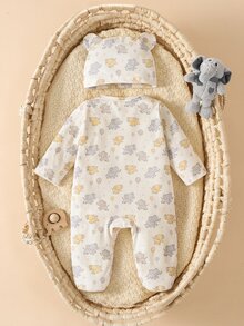 SHEIN 新生兒男嬰女嬰通用連腳連身衣與3D耳朵針織帽2件套，米色可愛日系風，卡通大象與氣球印花，斜前方鈕扣開襟，適合春夏秋冬日常穿著，親子穿搭，生日派對，拍照紀念 - 卡其色 - 查看 2