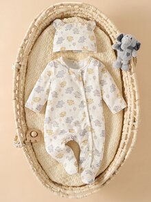 SHEIN 新生兒男嬰女嬰通用連腳連身衣與3D耳朵針織帽2件套，米色可愛日系風，卡通大象與氣球印花，斜前方鈕扣開襟，適合春夏秋冬日常穿著，親子穿搭，生日派對，拍照紀念 - 卡其色 - 查看 5