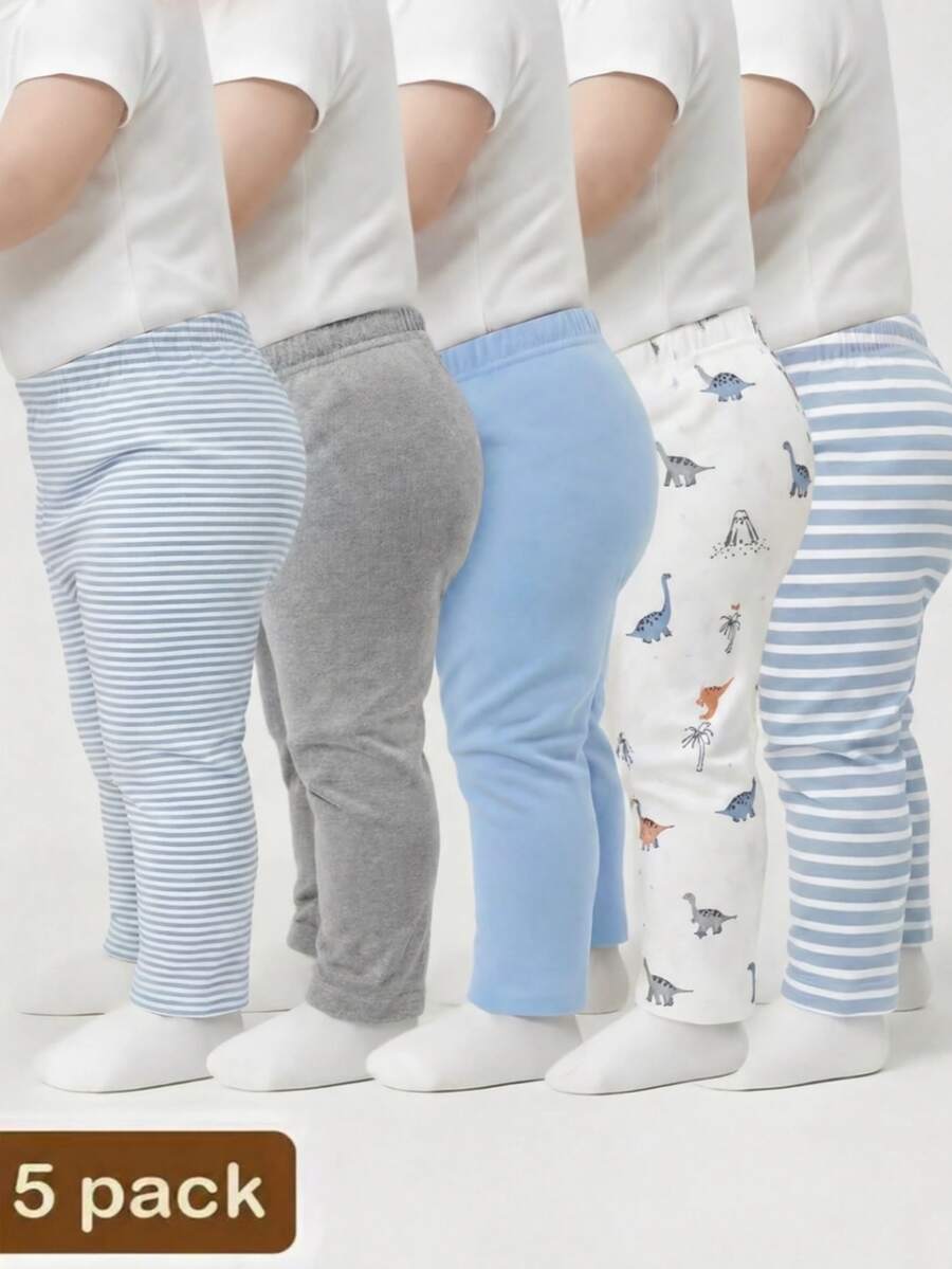 SHEIN Playful Pals 5pcs Baby Boy Striped & Star Print Pants Set Autumn Fall