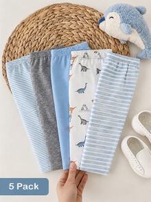 SHEIN Playful Pals 5pcs Baby Boy Striped & Star Print Pants Set Autumn Fall - Multicolor - View 4