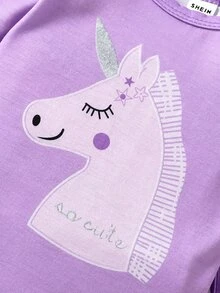 SHEIN Playful Pals 5件組新生女嬰休閒可愛獨角獸蝴蝶結波點字母印花長袖連身衣，適合四季秋季 - 紫色 - 查看 4