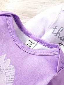 SHEIN Playful Pals 5件組新生女嬰休閒可愛獨角獸蝴蝶結波點字母印花長袖連身衣，適合四季秋季 - 紫色 - 查看 7