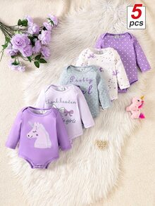 SHEIN Playful Pals 5件組新生女嬰休閒可愛獨角獸蝴蝶結波點字母印花長袖連身衣，適合四季秋季 - 紫色 - 查看 2