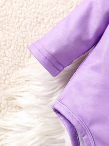 SHEIN Playful Pals 5件組新生女嬰休閒可愛獨角獸蝴蝶結波點字母印花長袖連身衣，適合四季秋季 - 紫色 - 查看 6