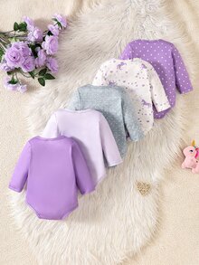 SHEIN Playful Pals 5件組新生女嬰休閒可愛獨角獸蝴蝶結波點字母印花長袖連身衣，適合四季秋季 - 紫色 - 查看 3