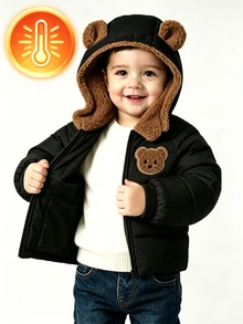 Jaket Bulu Domba Lucu Berkerudung untuk Anak Laki-Laki, Model Terbaru 2026, Mantel Musim Dingin dan Jaket Tebal Bulu Domba yang Nyaman dan Sederhana - Hitam - View 4