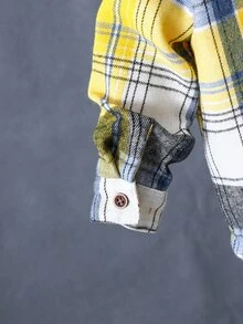 SHEIN Baby Boy Plaid Patched Pocket T Buttoned Yellow Woven Lightweight Breathable Classic Easy-CareSoft-Touch Bold Chic Cool Fresh Boys School Shirt - Yellow - View 9