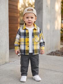 SHEIN Baby Boy Plaid Patched Pocket T Buttoned Yellow Woven Lightweight Breathable Classic Easy-CareSoft-Touch Bold Chic Cool Fresh Boys School Shirt - Yellow - View 4