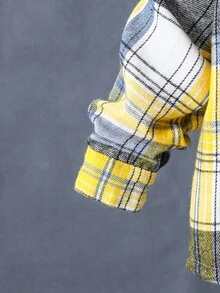 SHEIN Baby Boy Plaid Patched Pocket T Buttoned Yellow Woven Lightweight Breathable Classic Easy-CareSoft-Touch Bold Chic Cool Fresh Boys School Shirt - Yellow - View 10