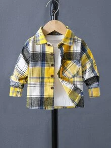 SHEIN Baby Boy Plaid Patched Pocket T Buttoned Yellow Woven Lightweight Breathable Classic Easy-CareSoft-Touch Bold Chic Cool Fresh Boys School Shirt - Yellow - View 2