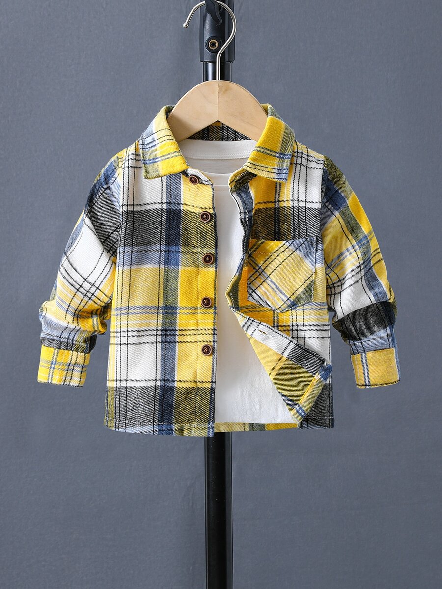 SHEIN Baby Boy Plaid Patched Pocket T Buttoned Yellow Woven Lightweight Breathable Classic Easy-CareSoft-Touch Bold Chic Cool Fresh Boys School Shirt