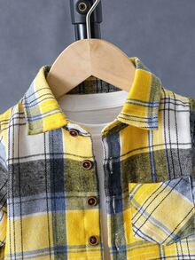 SHEIN Baby Boy Plaid Patched Pocket T Buttoned Yellow Woven Lightweight Breathable Classic Easy-CareSoft-Touch Bold Chic Cool Fresh Boys School Shirt - Yellow - View 5