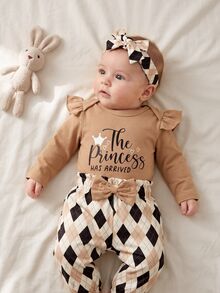 Vintaside Kids Baby Girls' Cute Heart Leopard Print Long Sleeve Bodysuit, Ruffled Tee Pants Set, Christmas Family Matching Tan Black And White Checkered Autumn - Khaki - View 4