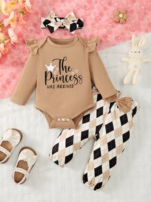 Vintaside Kids Baby Girls' Cute Heart Leopard Print Long Sleeve Bodysuit, Ruffled Tee Pants Set, Christmas Family Matching Tan Black And White Checkered Autumn - Khaki - View 7