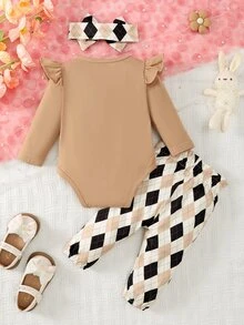 Vintaside Kids Baby Girls' Cute Heart Leopard Print Long Sleeve Bodysuit, Ruffled Tee Pants Set, Christmas Family Matching Tan Black And White Checkered Autumn - Khaki - View 3