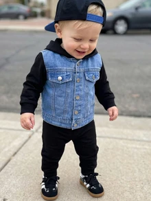 SHEIN 2pcs/Set Baby Boy Color Block Hooded Shirt And Pants Black Long Sleeve Casual Set Colorblock Baby Boys Going Out Autumn Fall Winter - Black - View 5
