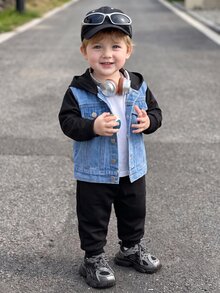 SHEIN 2pcs/Set Baby Boy Color Block Hooded Shirt And Pants Black Long Sleeve Casual Set Colorblock Baby Boys Going Out Autumn Fall Winter - Black - View 3