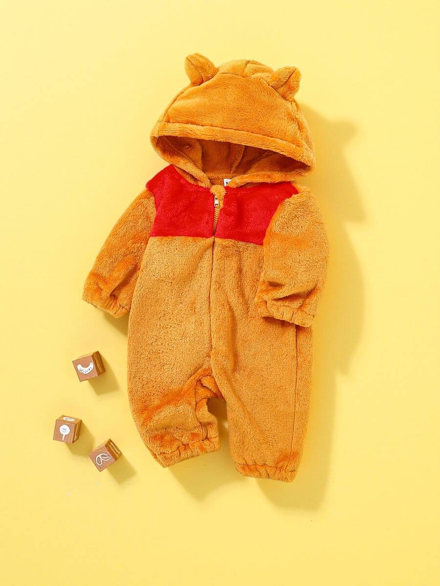 SHEIN 男嬰色塊卡通風連帽拉鍊長袖套裝 秋季萬聖節家庭套裝 生日紅色橘色趣味西式 - 黃色 - 查看 1