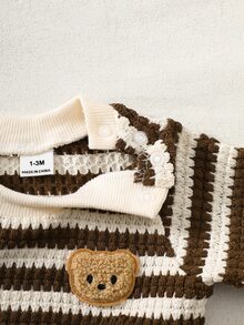 SHEIN 新生男嬰黑白條紋泰迪熊圖案圓領長袖上衣與褲子套裝，可愛棕色與白色波點冬季假期款 - 棕色 - 查看 8