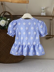 SHEIN Genkimix Kids 女童格紋雛菊提花泡泡袖蝴蝶結上衣 秋季小新娘 3歲生日 藍色牛仔女孩風格女童上衣 - 彩色 - 查看 3