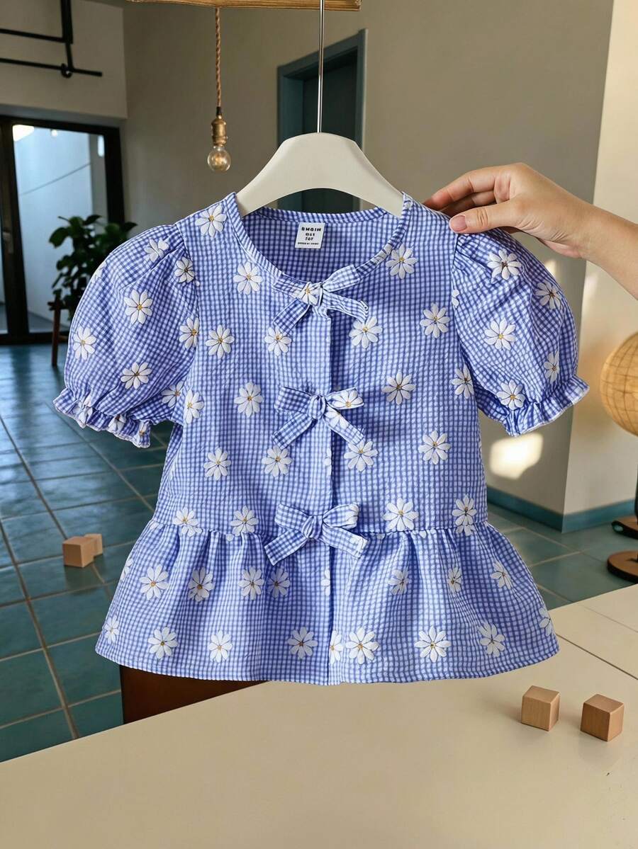 SHEIN Genkimix Kids 女童格紋雛菊提花泡泡袖蝴蝶結上衣 秋季小新娘 3歲生日 藍色牛仔女孩風格女童上衣