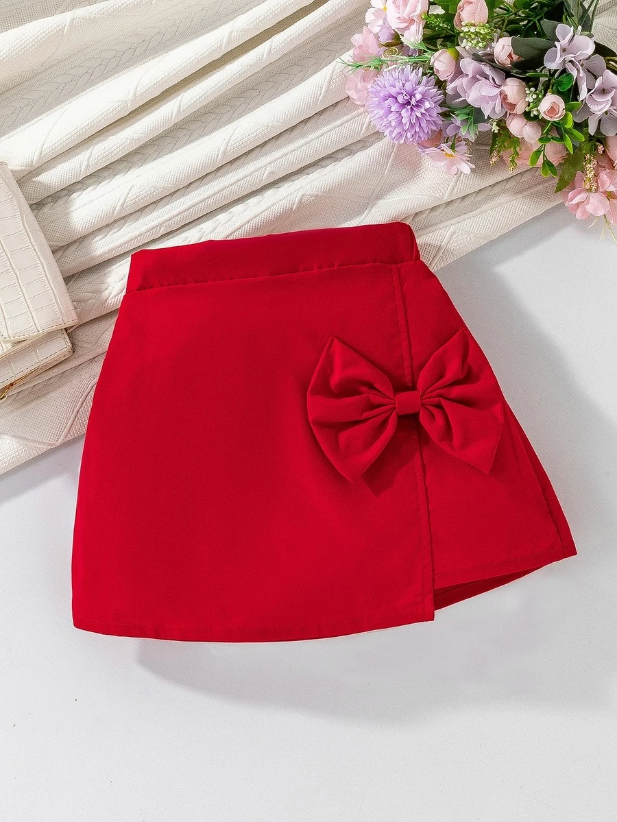 SHEIN Elladie kids 女童情人節派對優雅OL風層次蝴蝶結紅色裙，適合假期、夏季、旅行、秋季