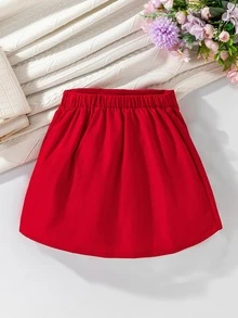 SHEIN Elladie kids 女童情人節派對優雅OL風層次蝴蝶結紅色裙，適合假期、夏季、旅行、秋季 - 紅色 - 查看 3