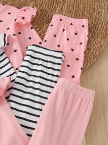 SHEIN Elladie kids YOUNG Girs 3套裝 秋季純色粉色羅紋愛心圖案荷葉邊長袖針織上衣與內搭褲套裝 可愛幼女幼童秋季服飾 - 彩色 - 查看 5