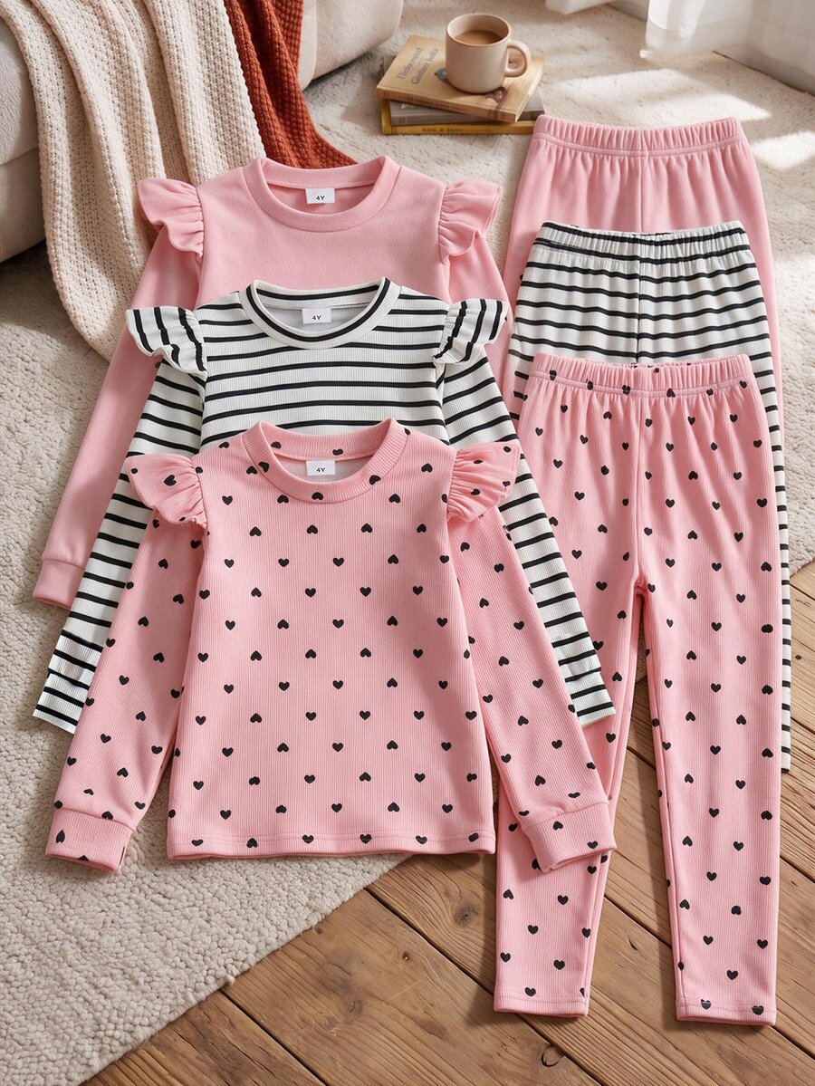 SHEIN Elladie kids YOUNG Girs 3套裝 秋季純色粉色羅紋愛心圖案荷葉邊長袖針織上衣與內搭褲套裝 可愛幼女幼童秋季服飾