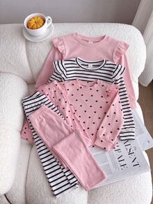 SHEIN Elladie kids YOUNG Girs 3套裝 秋季純色粉色羅紋愛心圖案荷葉邊長袖針織上衣與內搭褲套裝 可愛幼女幼童秋季服飾 - 彩色 - 查看 4