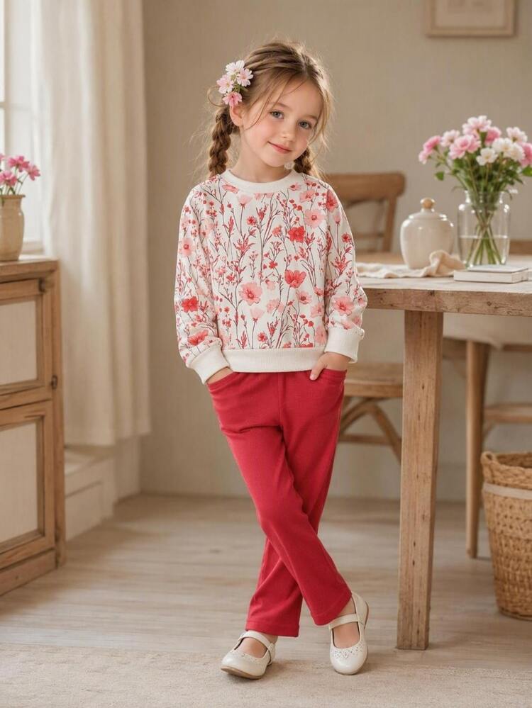 SHEIN Vintaside Kids 2pcs Toddler Girl Sweatshirt + Leggings Cute Sweet Brown Floral Print Wildflower Long Sleeve Round Neck Cozy Party Nursery Birthday Autumn Princess - Multicolor - View 1
