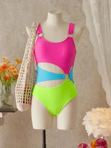 SHEIN Tween Girl Colorblock Cutout One-Piece Swimsuit Swimwear For Teenagers Girls Cute Bathing Suits Suit Tweens Beach Wear Teens Full Coverage - Multicolor - View 3
