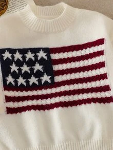 SHEIN 新生女婴美国国旗图案针织毛衣，女婴圆领长袖条纹套头衫，柔软保暖，适合全家和姐妹穿着 - 白色 - 查看 6