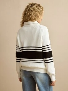 MOTF PREMIUM COLORBLOCK STRIPED PATTERN RAGLAN SLEEVE LOOSE SWEATER, SHIRT NOT INCLUDED - White - View 3