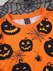 SHEIN EZwear 秋季新款橘色萬聖節南瓜幽靈印花女款運動衫，適合萬聖節，個性化萬聖節全印花南瓜印花圖案，萬聖節復古圖案印花運動衫，棕色格紋，萬聖節，時尚，夜店，萬聖節派對，聚會，晚餐，約會 - 彩色 - 查看 4