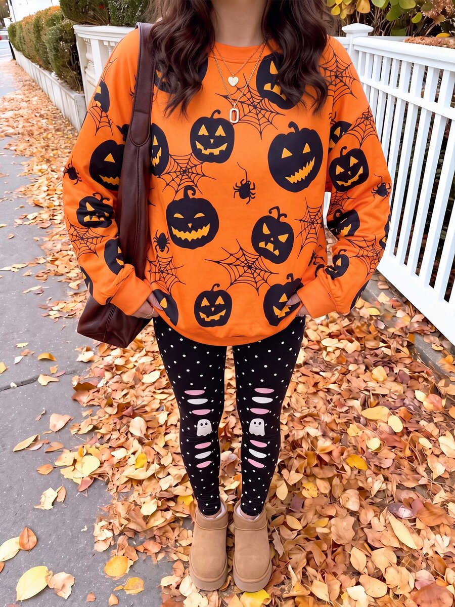 SHEIN EZwear 秋季新款橘色萬聖節南瓜幽靈印花女款運動衫,適合萬聖節,個性化萬聖節全印花南瓜印花圖案,萬聖節復古圖案印花運動衫,棕色格紋,萬聖節,時尚,夜店,萬聖節派對,聚會,晚餐,約會 - 彩色 - 查看 1