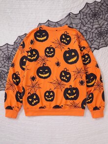 SHEIN EZwear 秋季新款橘色萬聖節南瓜幽靈印花女款運動衫，適合萬聖節，個性化萬聖節全印花南瓜印花圖案，萬聖節復古圖案印花運動衫，棕色格紋，萬聖節，時尚，夜店，萬聖節派對，聚會，晚餐，約會 - 彩色 - 查看 2